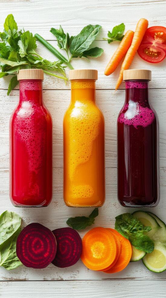 Three bottles of juice with vegetables and vegetables photo