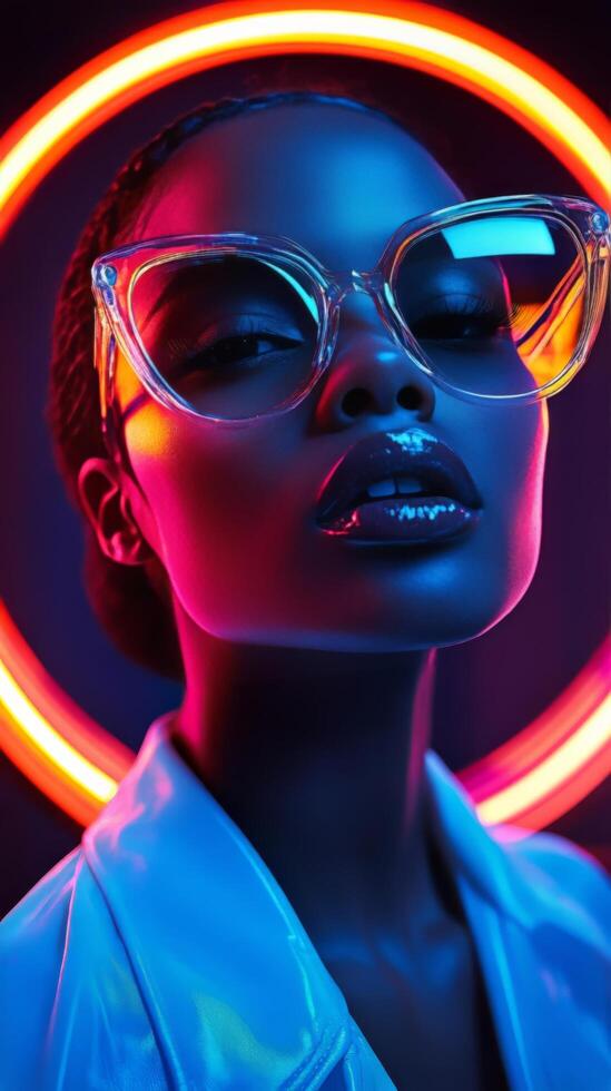 A woman wearing glasses and a neon ring photo
