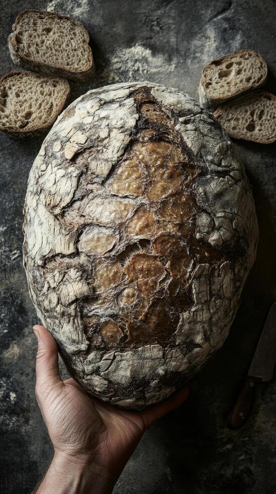 A hand holding a loaf of bread on a table photo