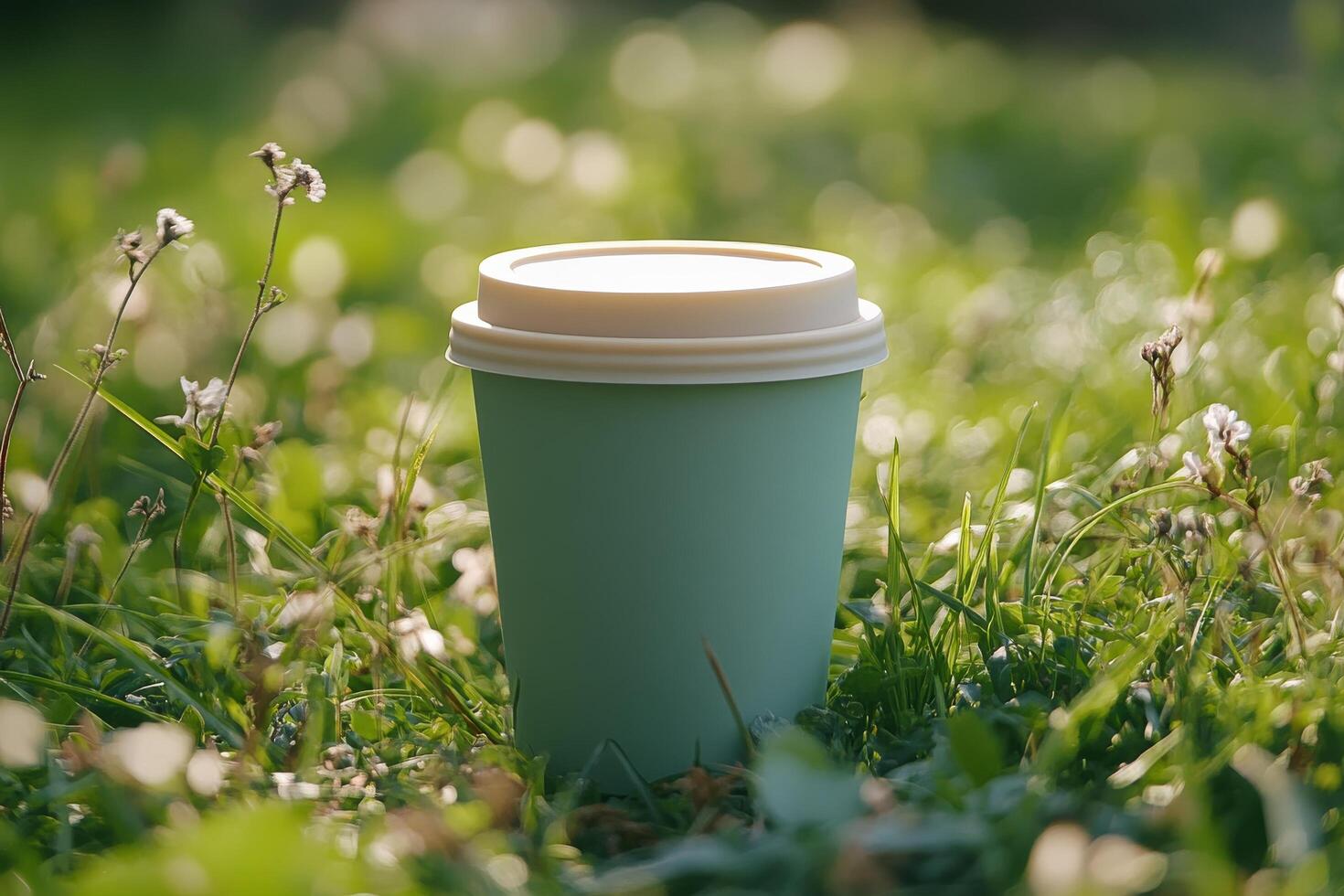 A green cup sitting on the grass in the middle of a field photo