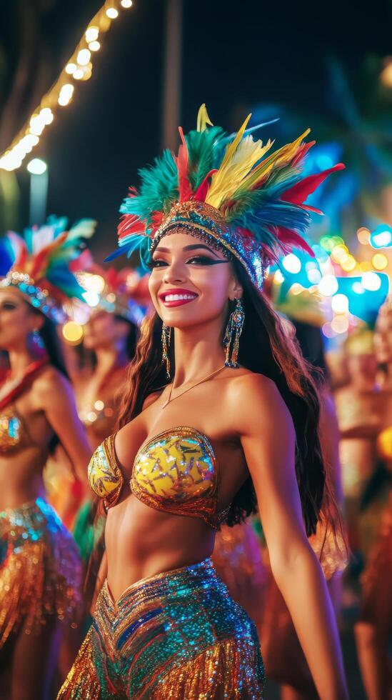 A woman in a colorful costume dancing at a carnival photo