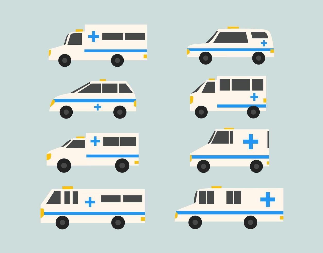 A set of white ambulance emergency vehicle, showcasing different styles with medical symbols, for healthcare designs, medical infographics, and educational visuals. vector
