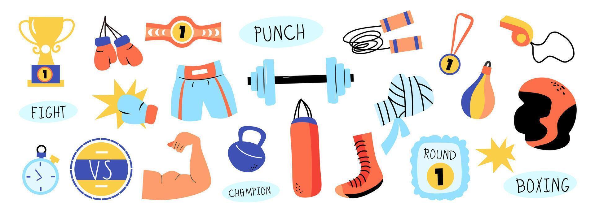 Boxing doodle elements collection. Set of colorful sports equipment. Isolated hand drawn flat icons with text and lettering. Competition strength championship signs and symbols illustration. vector