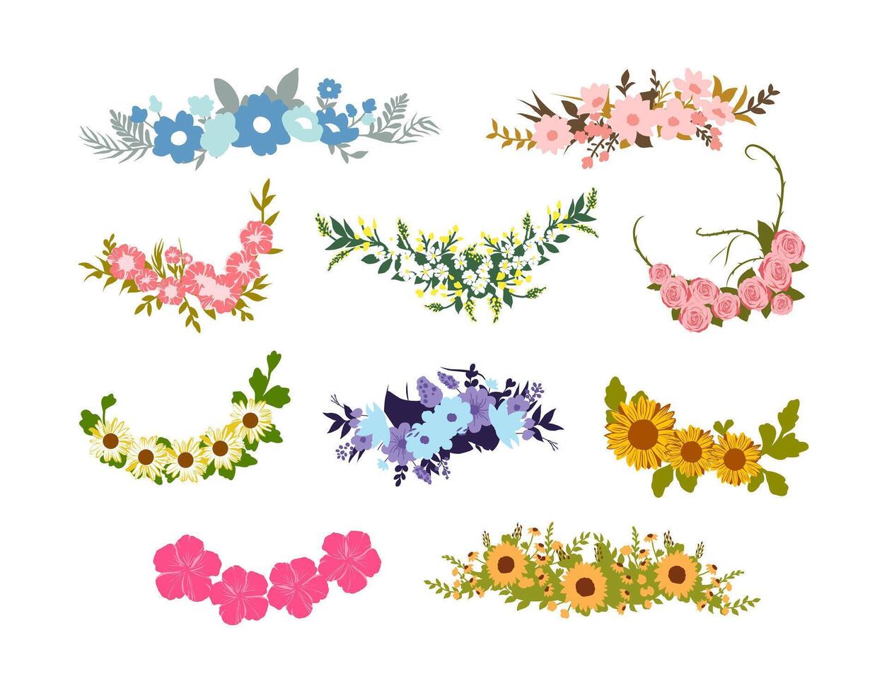A charming collection of spring flower wreath illustrations, featuring delicate blossoms and vibrant tones. Perfect for seasonal decor, invitations, floral branding, and nature-themed projects. vector