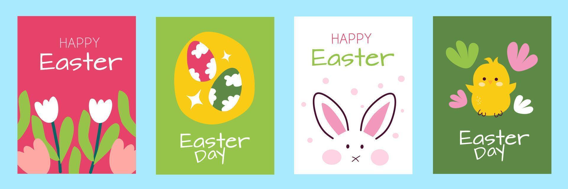 Happy easter day greeting card set. Hand drawn of flat cartoon with cute bunny, flowers, eggs, chick, typography on colorful background. Illustration for vertical poster, banner, social media. vector