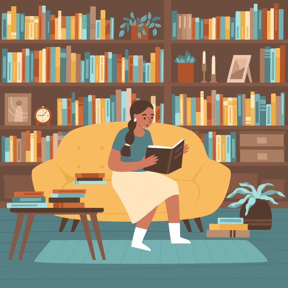 Illustration of a girl in a home library on a cozy sofa near a bookcase vector