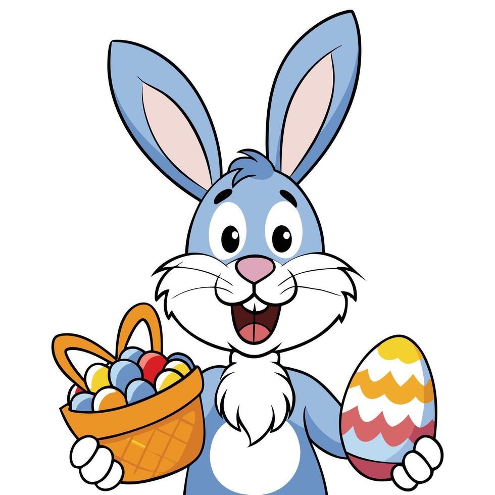 Cute cartoon Rabbit who holds an egg and a basket of eggs for Easter vector