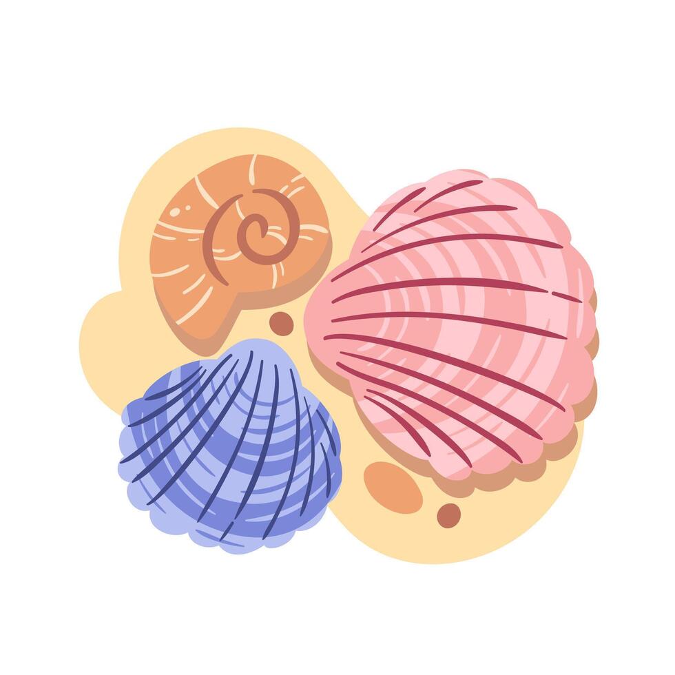 A serene illustration depicting various seashells scattered on a sandy beach, capturing the essence of coastal tranquility and marine beauty, for summer themed designs and sea inspired artwork. vector
