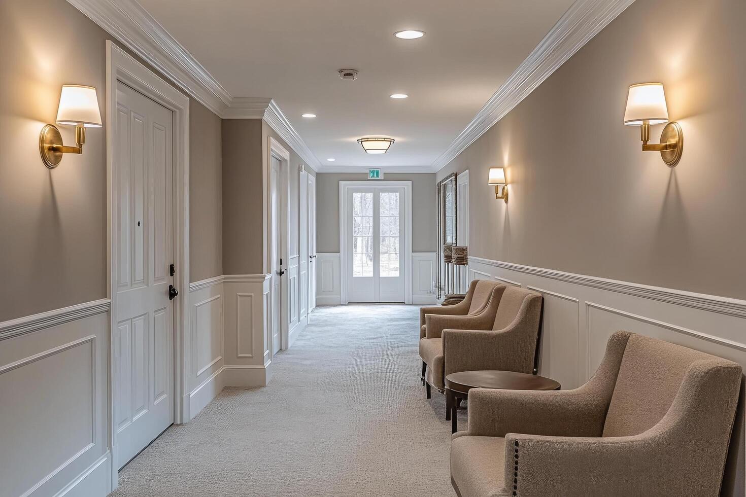 A hallway with two chairs and a light fixture photo
