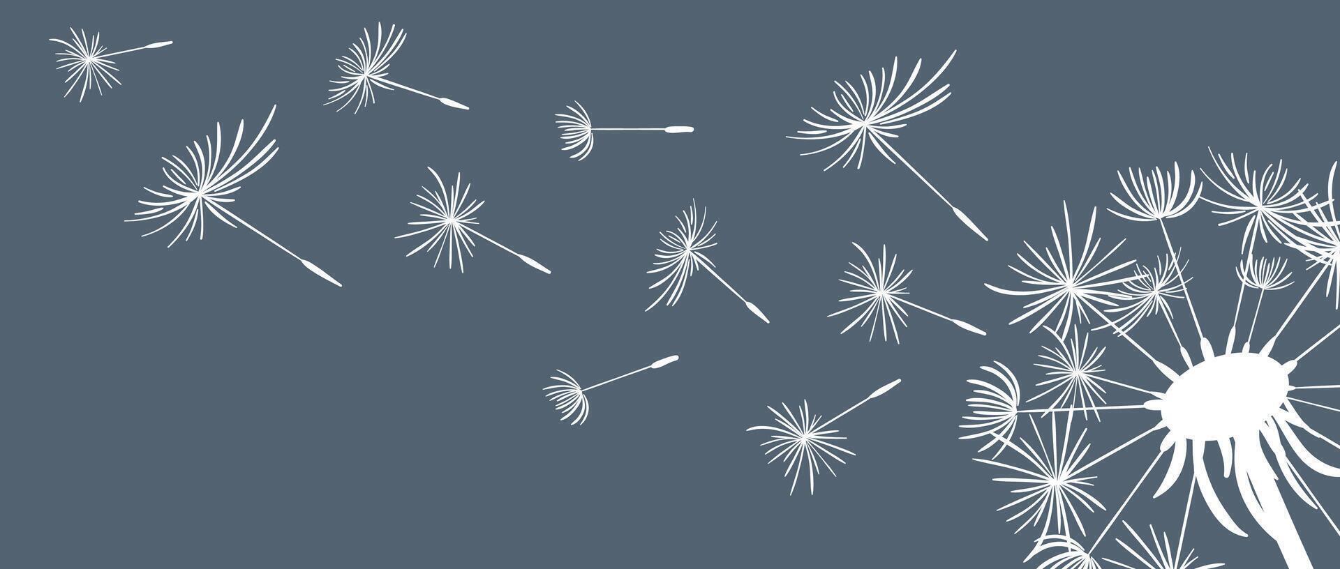 A captivating horizontal background featuring the silhouette of a dandelion and its floating seeds against a dark backdrop, creating a striking contrast that enhances the sense of movement vector
