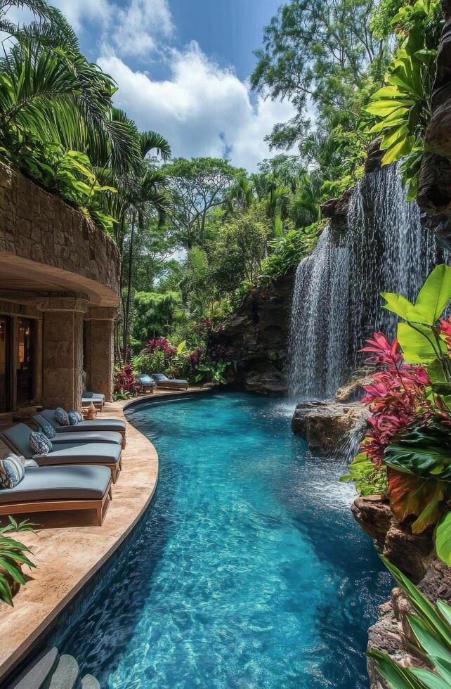 A tropical pool with a waterfall and lounge chairs photo
