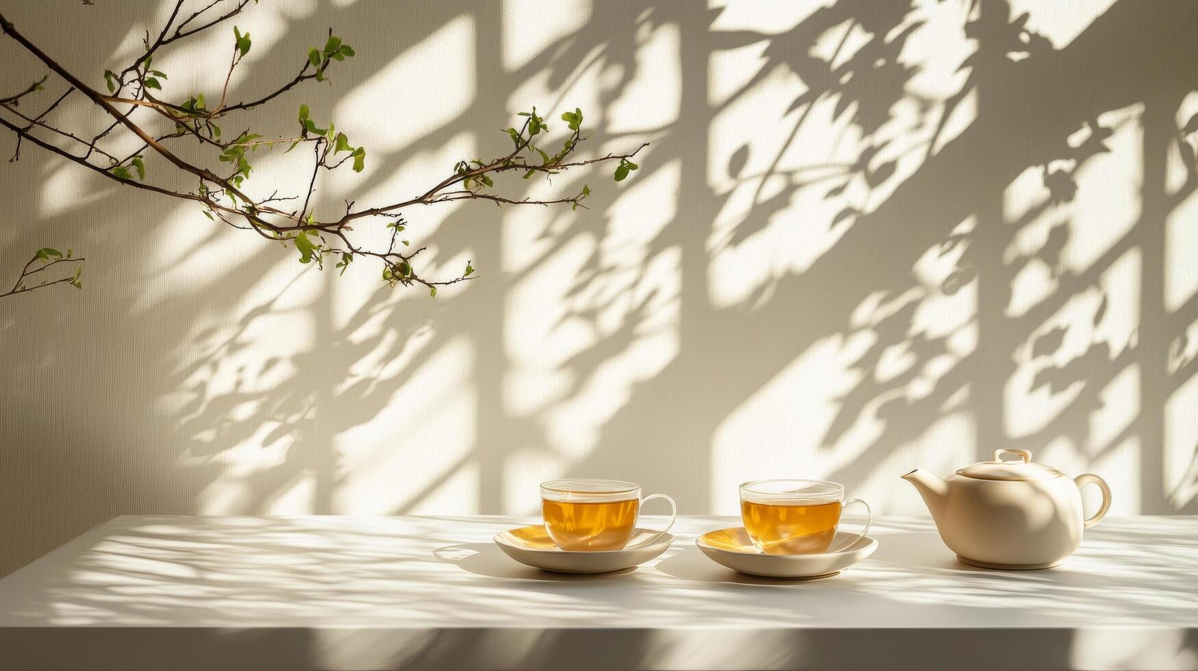 Two cups of tea sit on a table next to a window photo