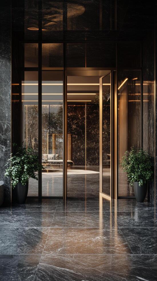 Modern entrance hall with black marble floor and glass doors photo