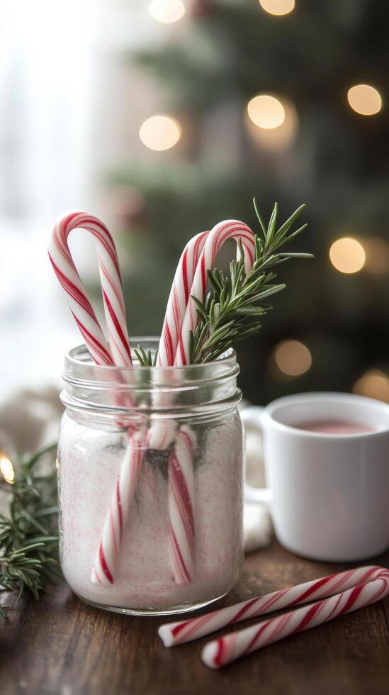 Candy cane sugar scrub in a jar with a mug of hot chocolate photo