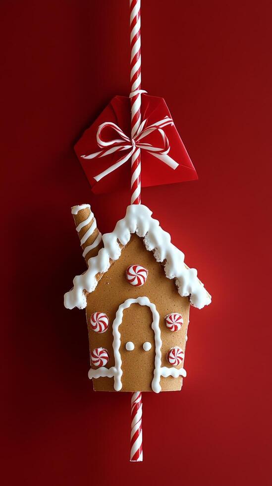 A gingerbread house with candy cane and red ribbon photo