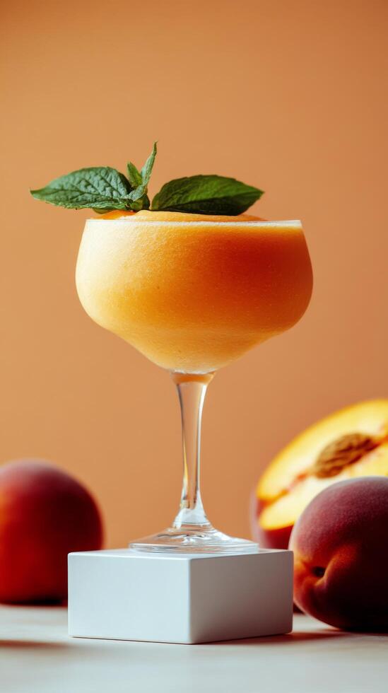 A glass of peach juice with mint leaves on top photo