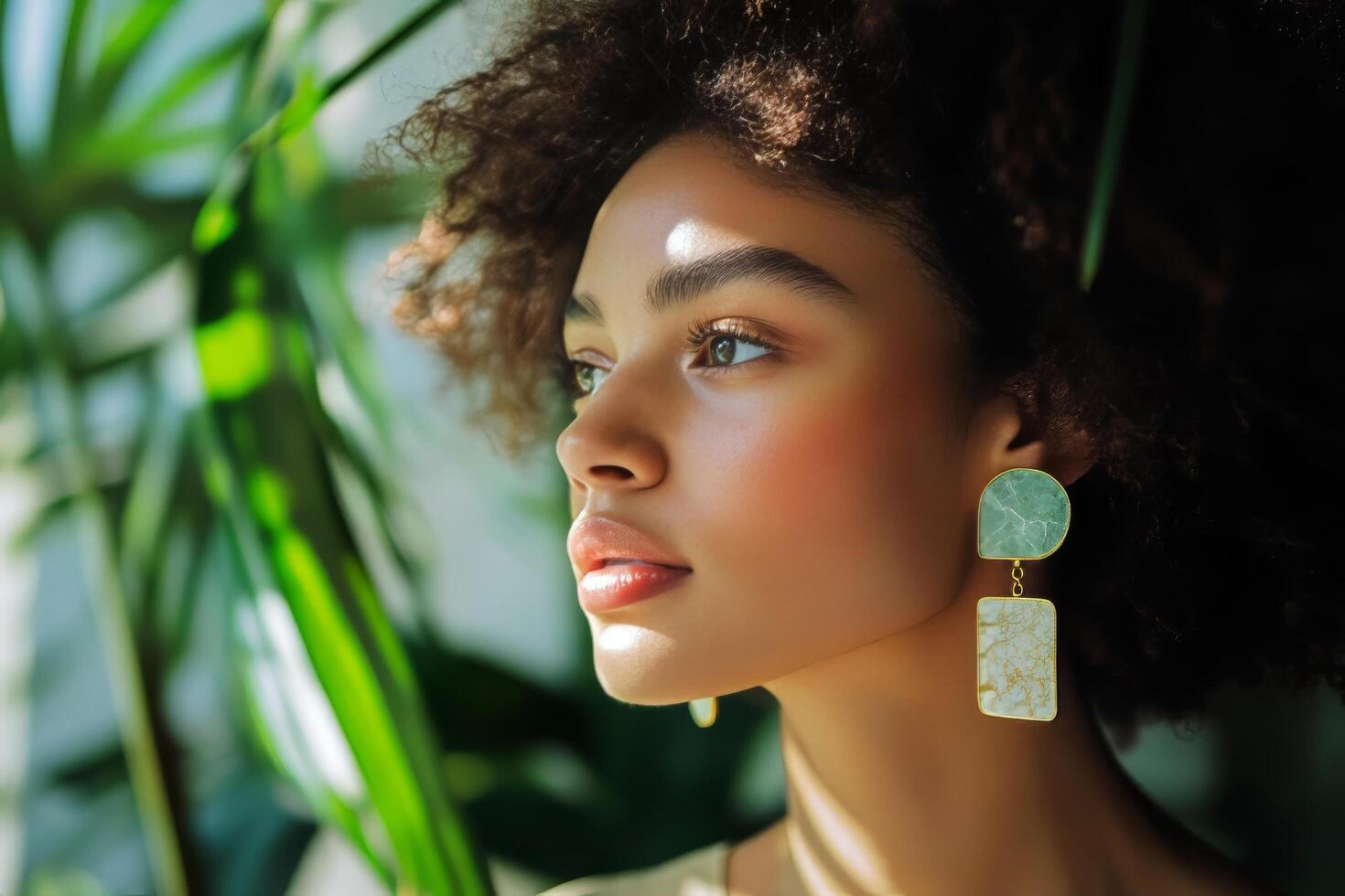 A woman with curly hair and earrings photo
