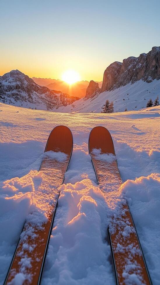 Skis on the snow at sunset photo