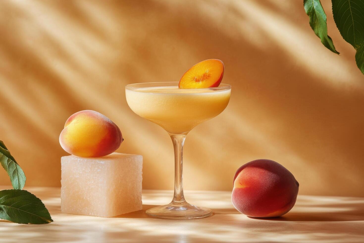 A peach cocktail with a slice of peach on top photo