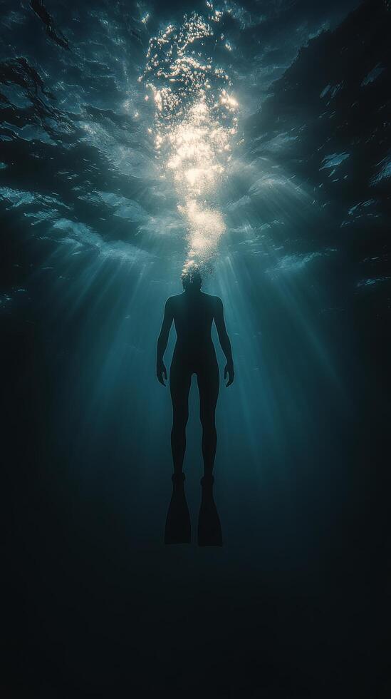 A man standing in the water with a light shining on him photo