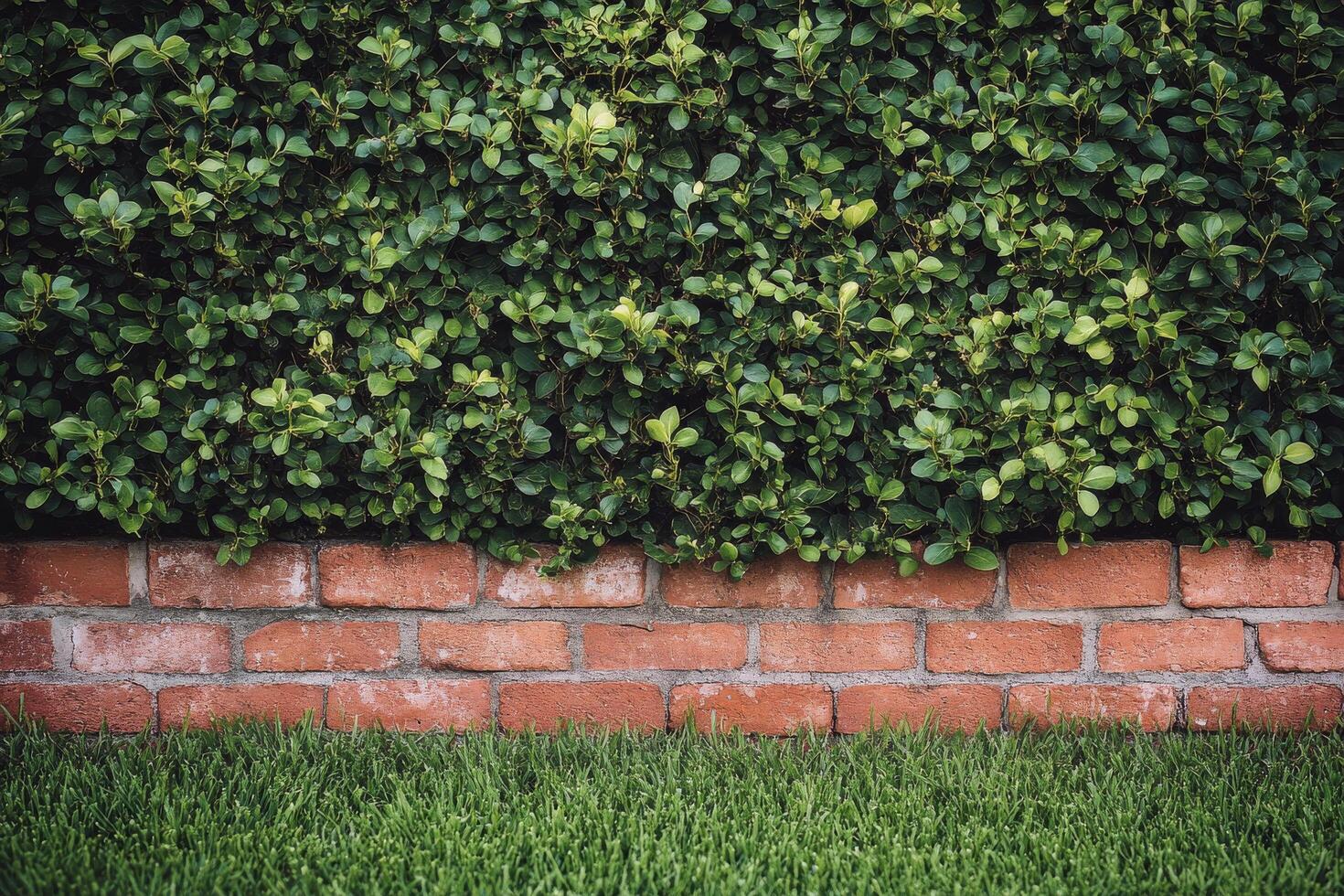 A brick wall with green bushes in front of it photo