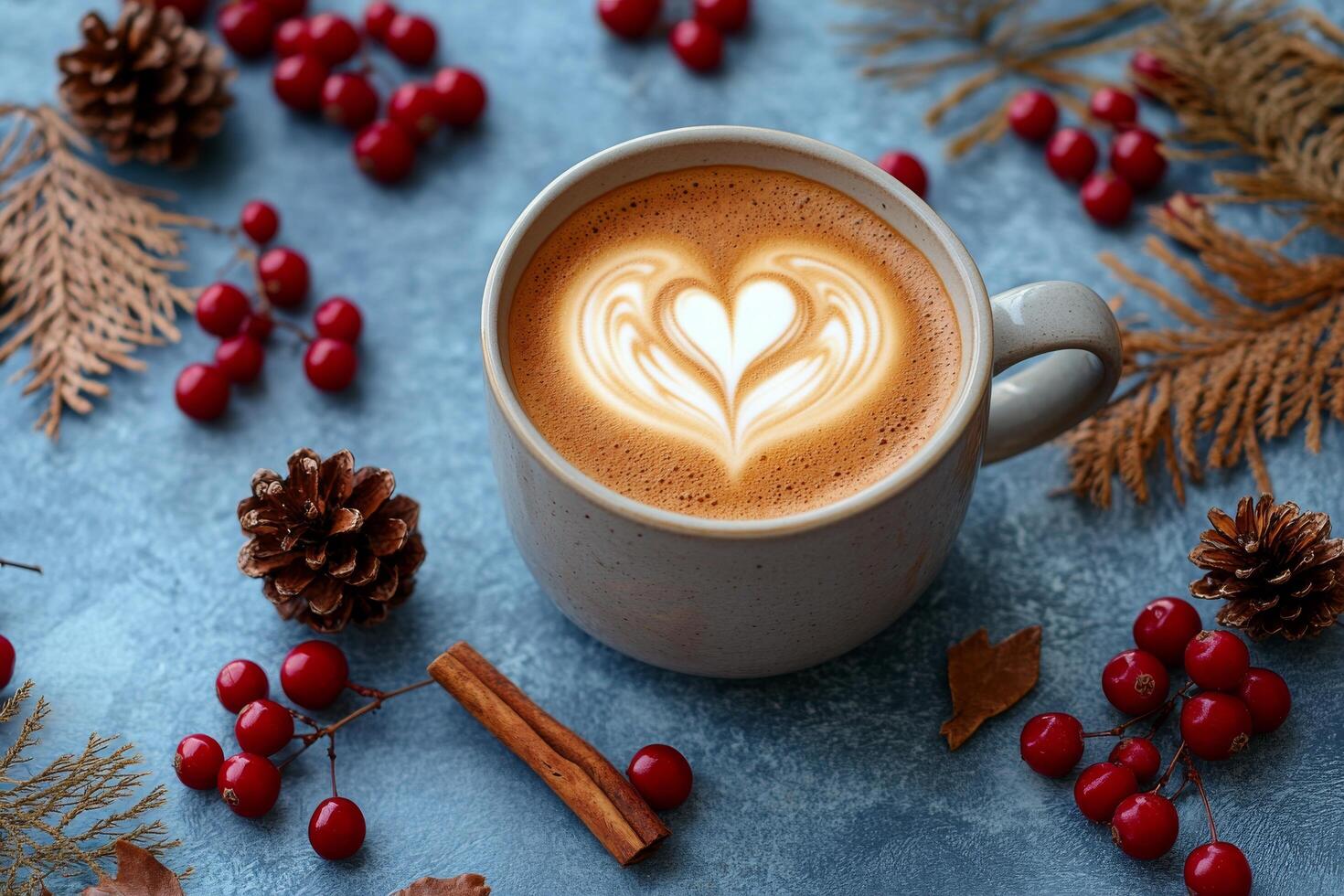 Coffee with heart shape in the middle of the cup on a blue background photo