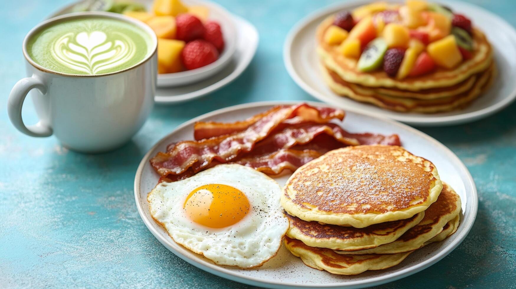 Pancakes, bacon, and eggs are served on plates photo