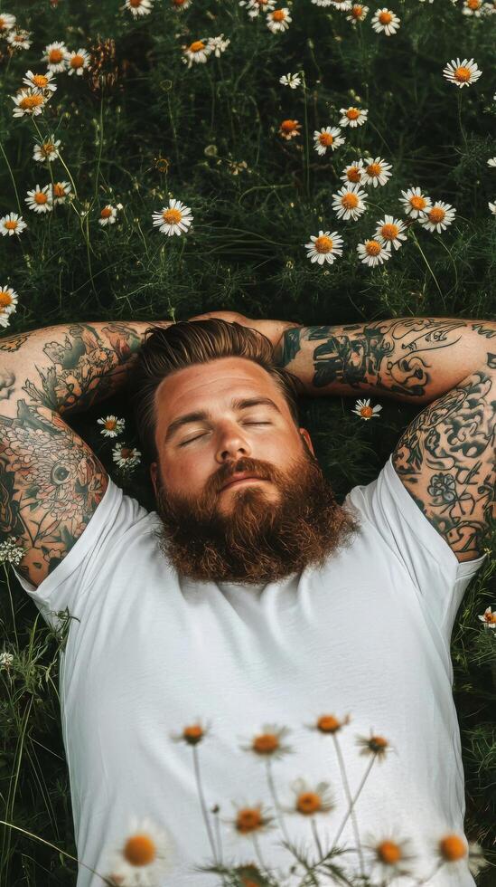A bearded man with tattoos laying in a field of daisies photo
