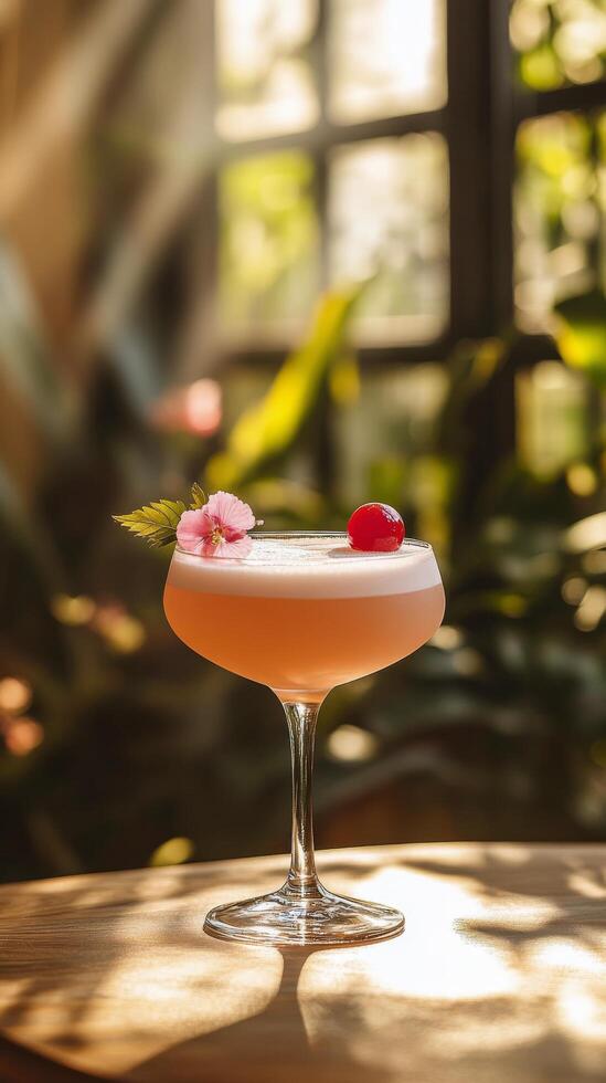 A cocktail with a cherry on top sits on a table photo