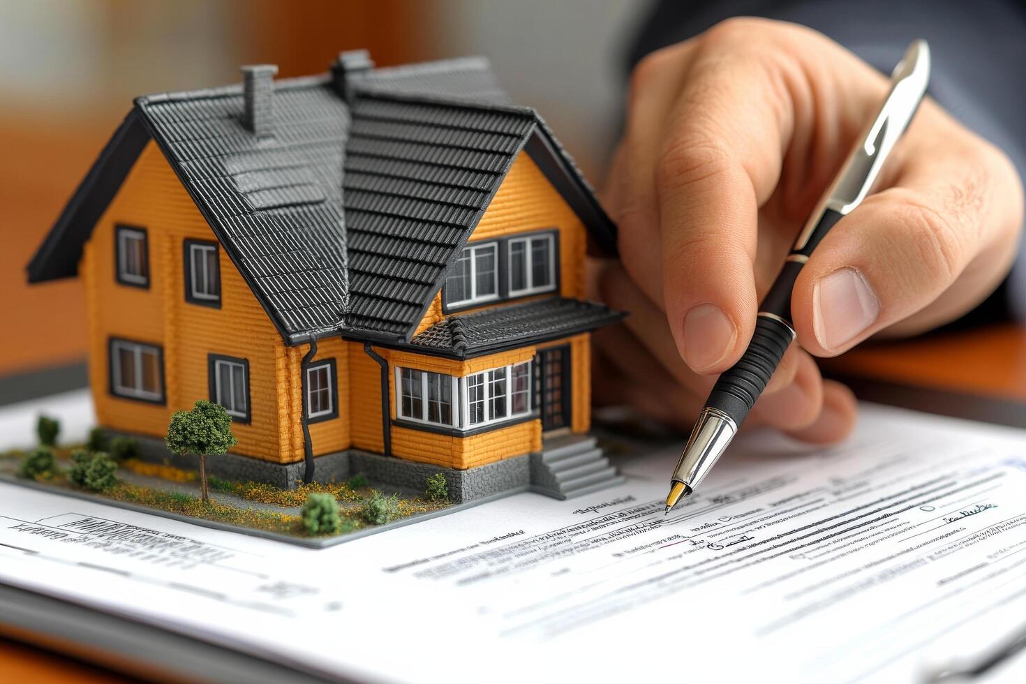 A man signing a contract with a house model photo