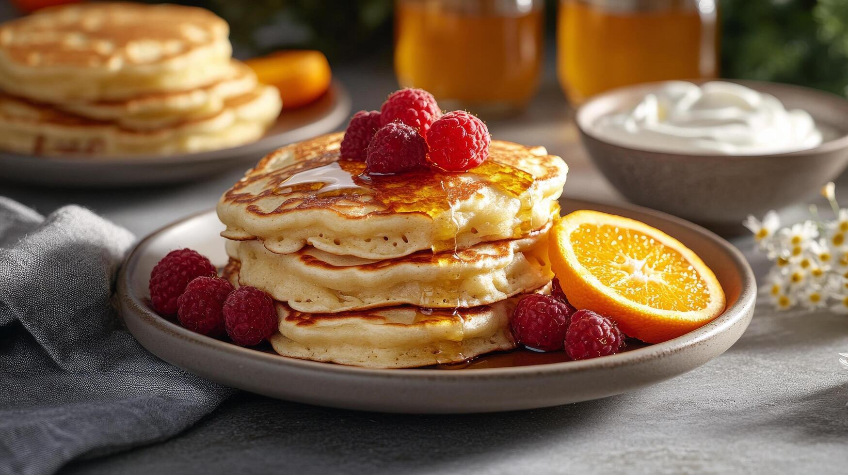 Stack of pancakes with fresh raspberries and orange slices photo