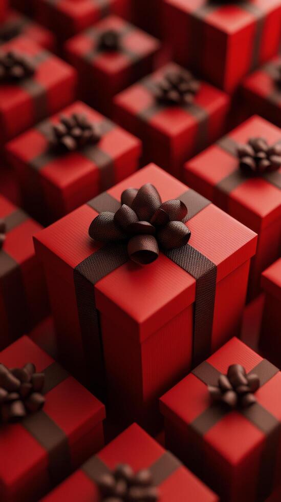Many red gift boxes with chocolate bows photo