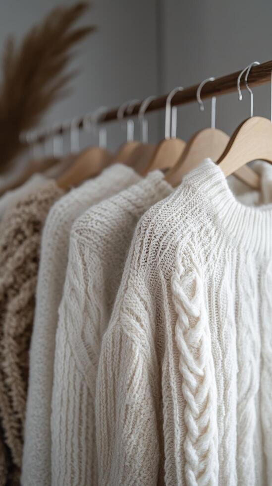 A row of white sweaters on a hanger photo