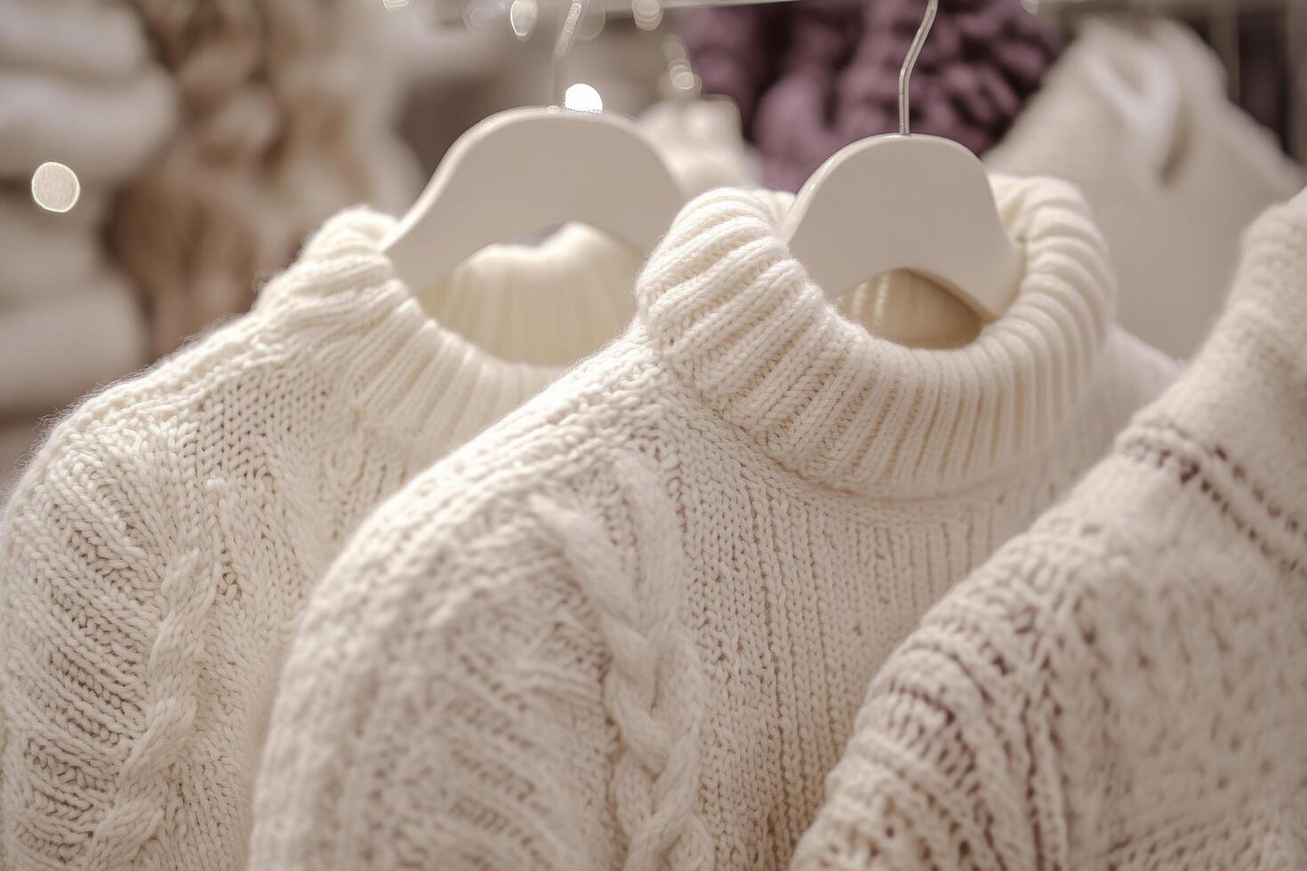 White sweaters hanging on a rack in a store photo