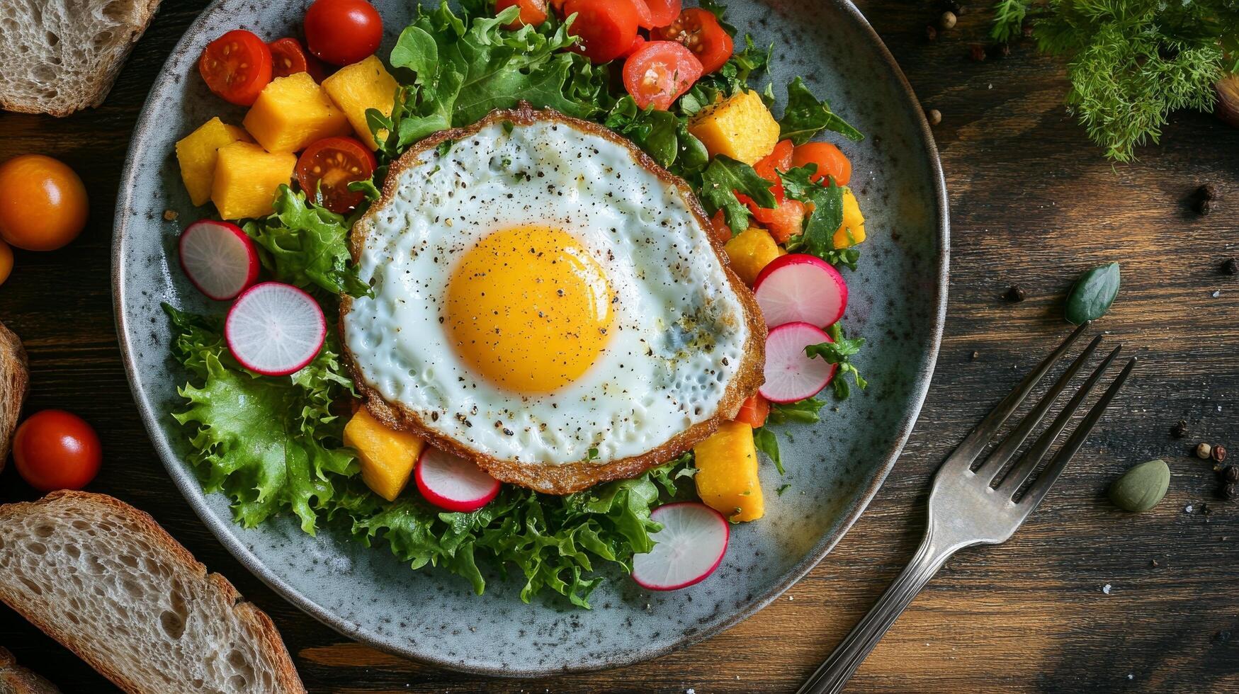 A plate with an egg on top of a salad photo