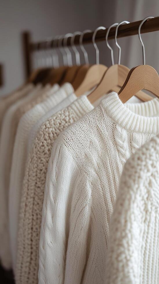 A rack of white sweaters on a hanger photo
