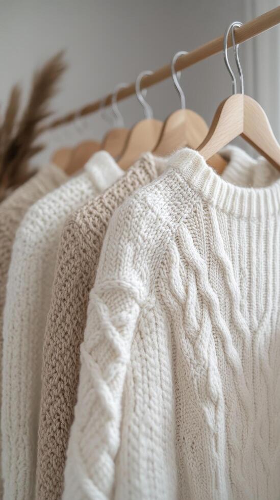 A row of white and cream sweaters on a hanger photo