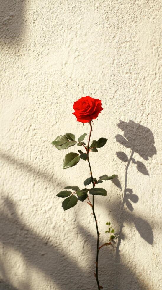 A single red rose is shown against a white wall photo