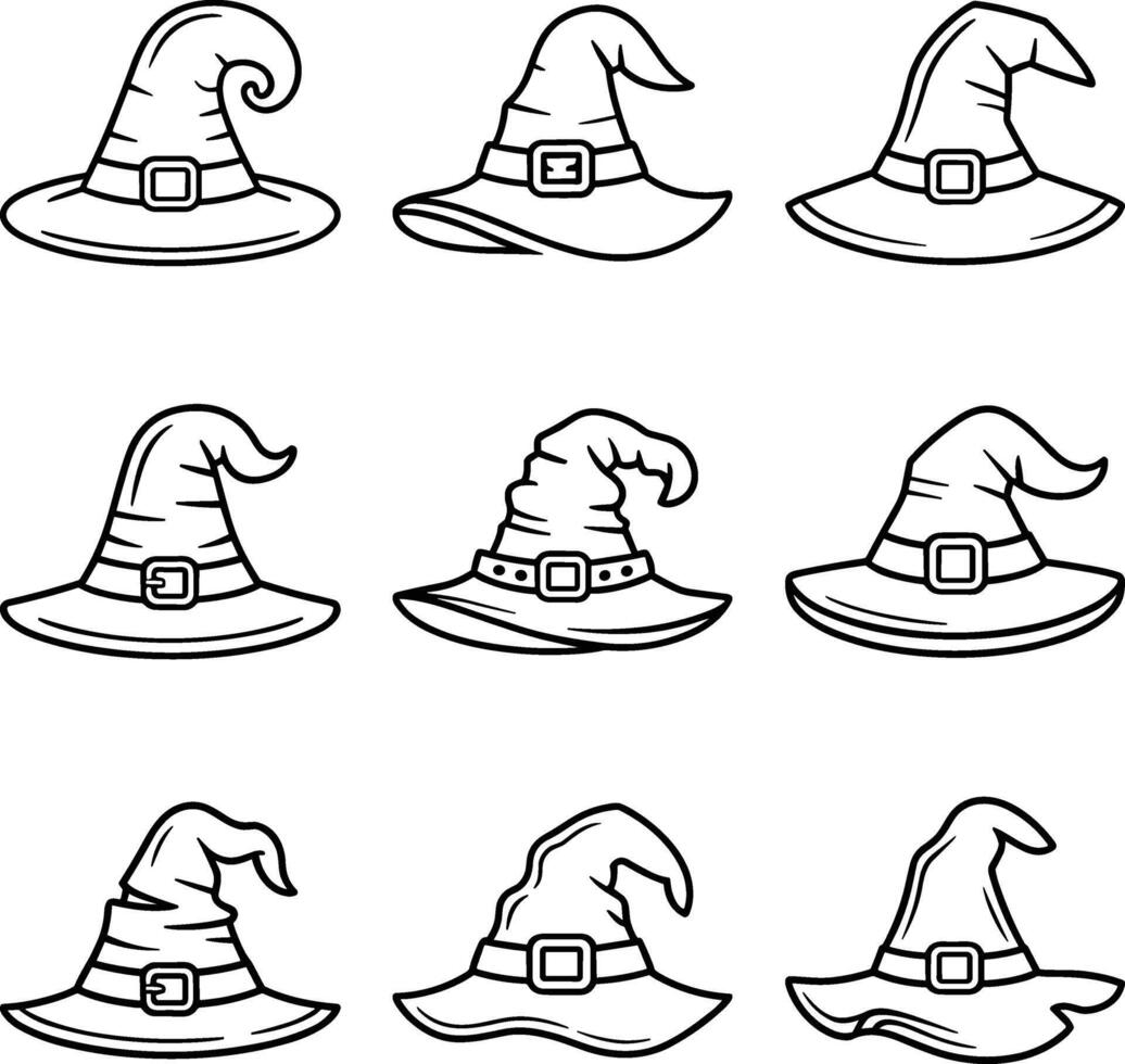 Set of Witch Hat Line Art Illustrations for Halloween vector