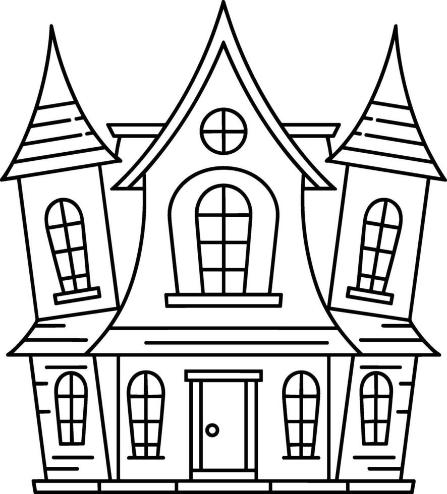 Tilted Haunted House Line Art - Halloween Outline Illustration vector