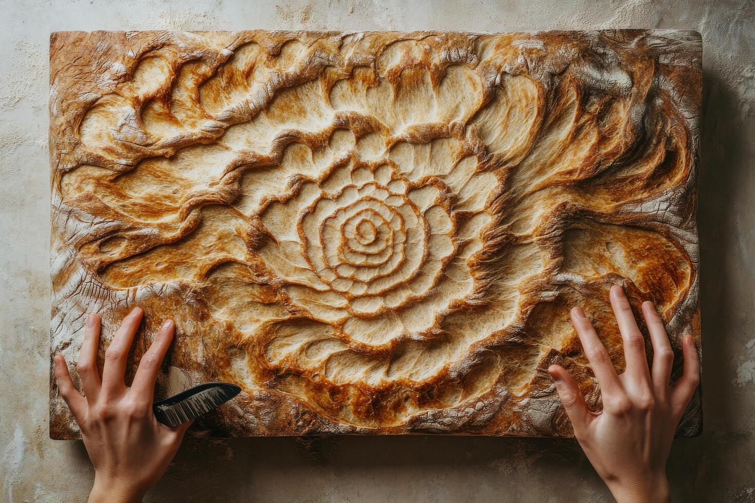 A woman's hands are holding a large piece of bread photo