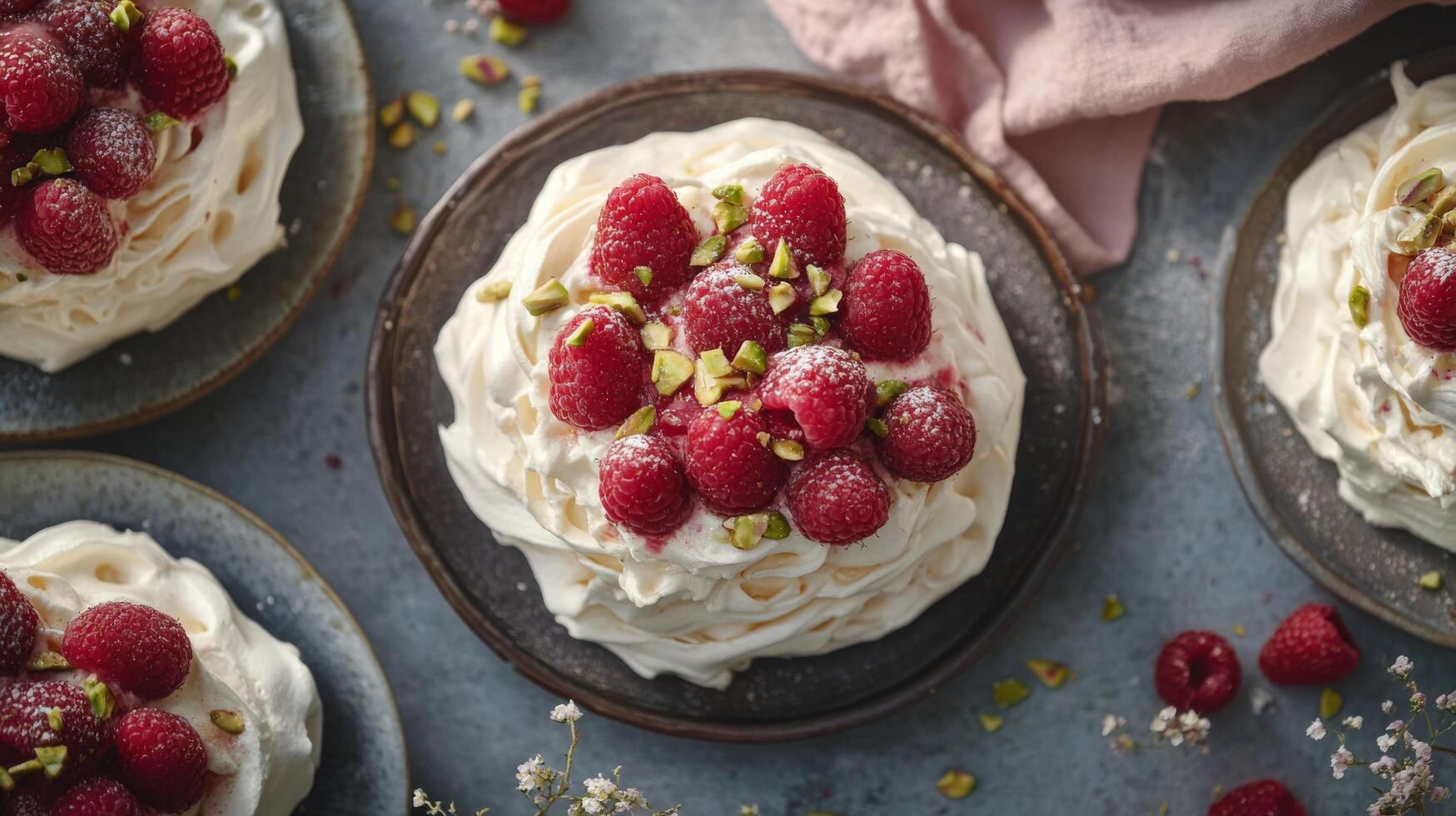 Raspberry pavlova with pistachio cream on a plate photo