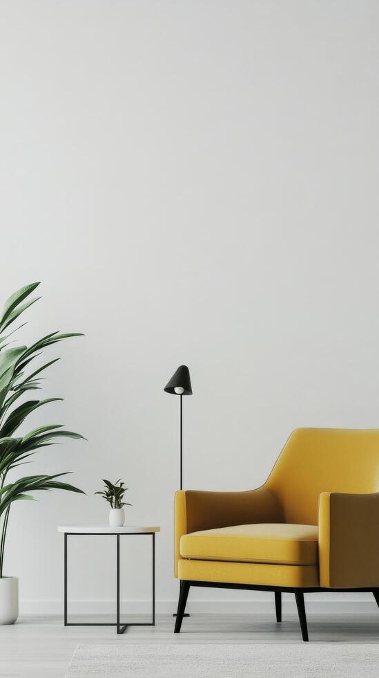 A yellow couch and a plant in front of a white wall photo