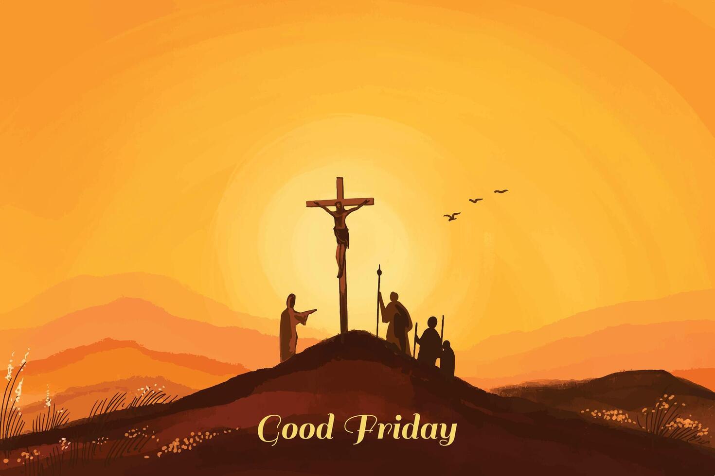 Beautiful praying together at sunset by the cross of jesus christ in a serene scene background vector