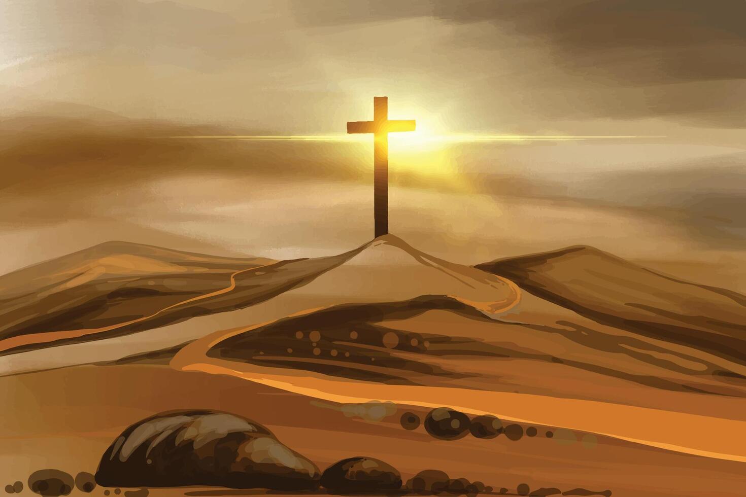 Beautiful parth Leading to Jesus Christ Cross on Hill Illuminated by sun rays vector
