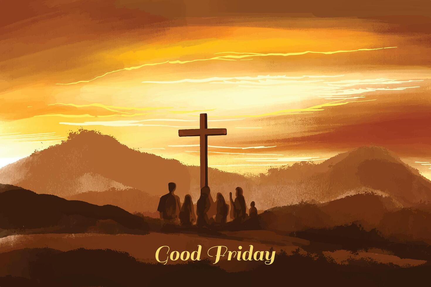 Beautiful praying together at sunset by the cross of jesus christ in a serene scene vector