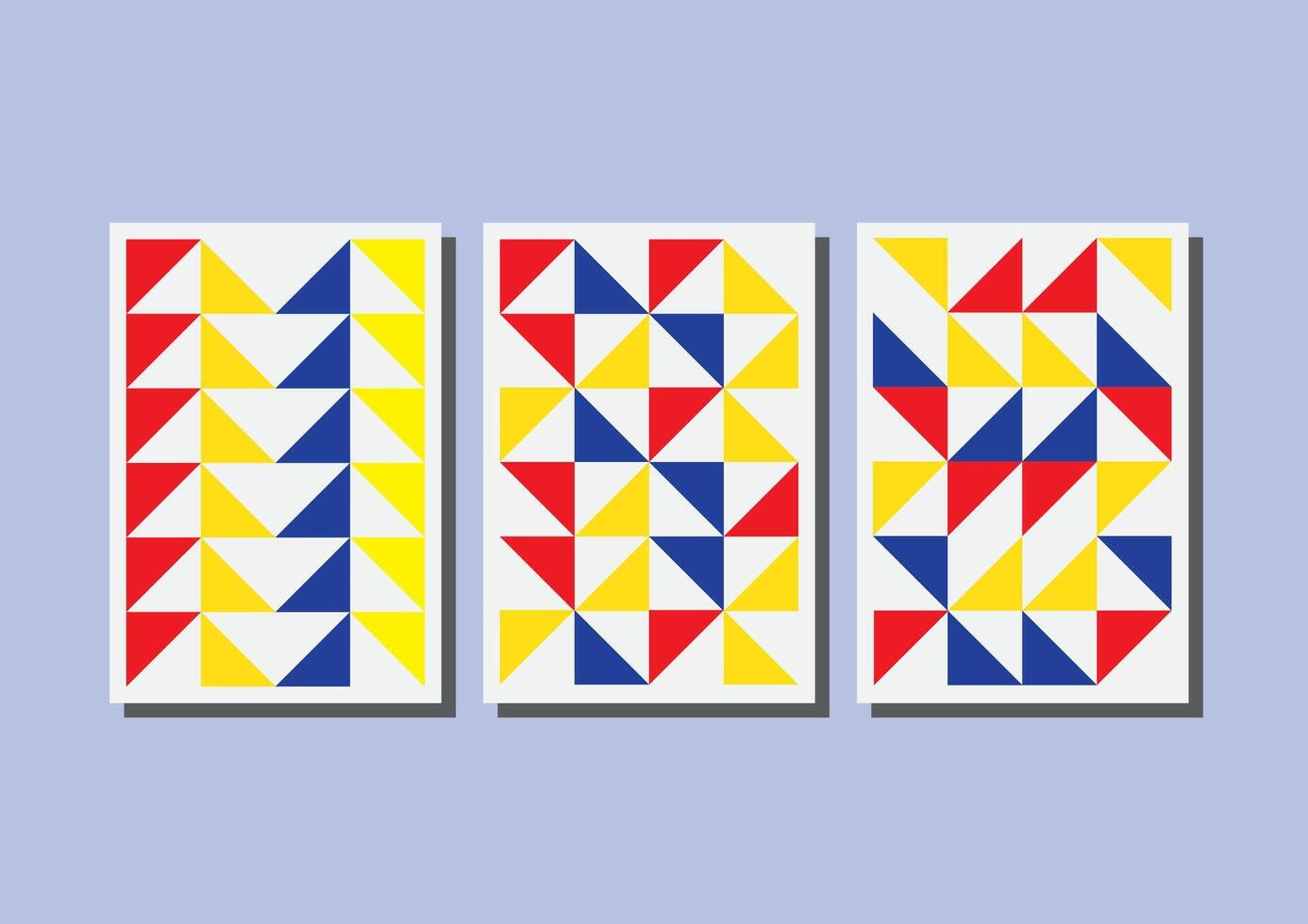 Three colorful geometric patterns on white background, triangle style and bauhaus poster design vector