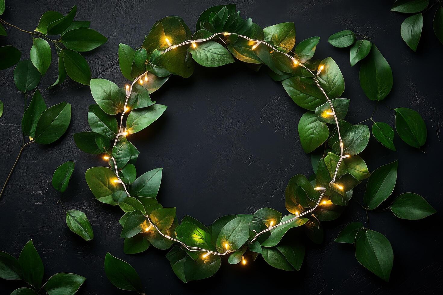 Green leaves and lights in a circle on a black background photo