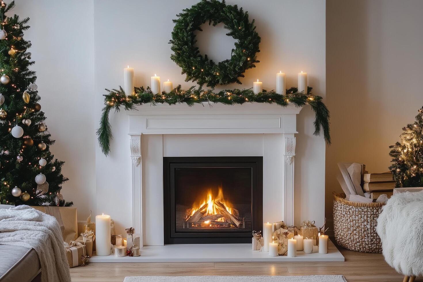 A fireplace with candles and christmas decorations in a room photo