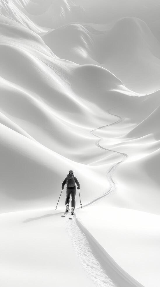 A person is skiing down a snowy mountain photo